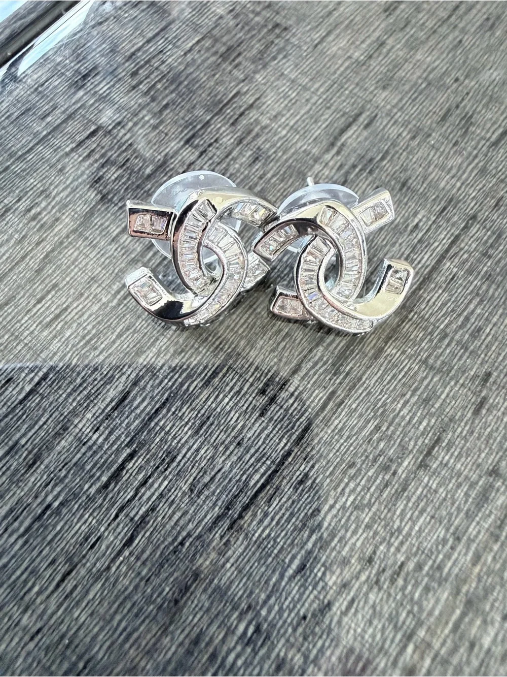 Chanel Crystal Interlocking Logo Stud Earrings - Silver